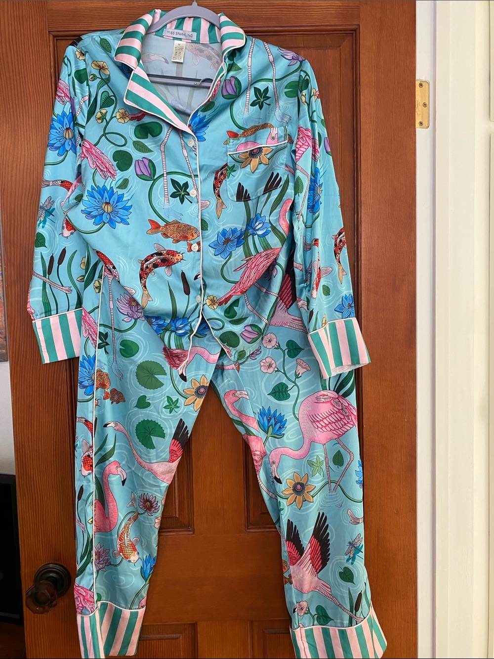 Women’s Satin Flamingo & Floral Pajama Set - Aqua Pink